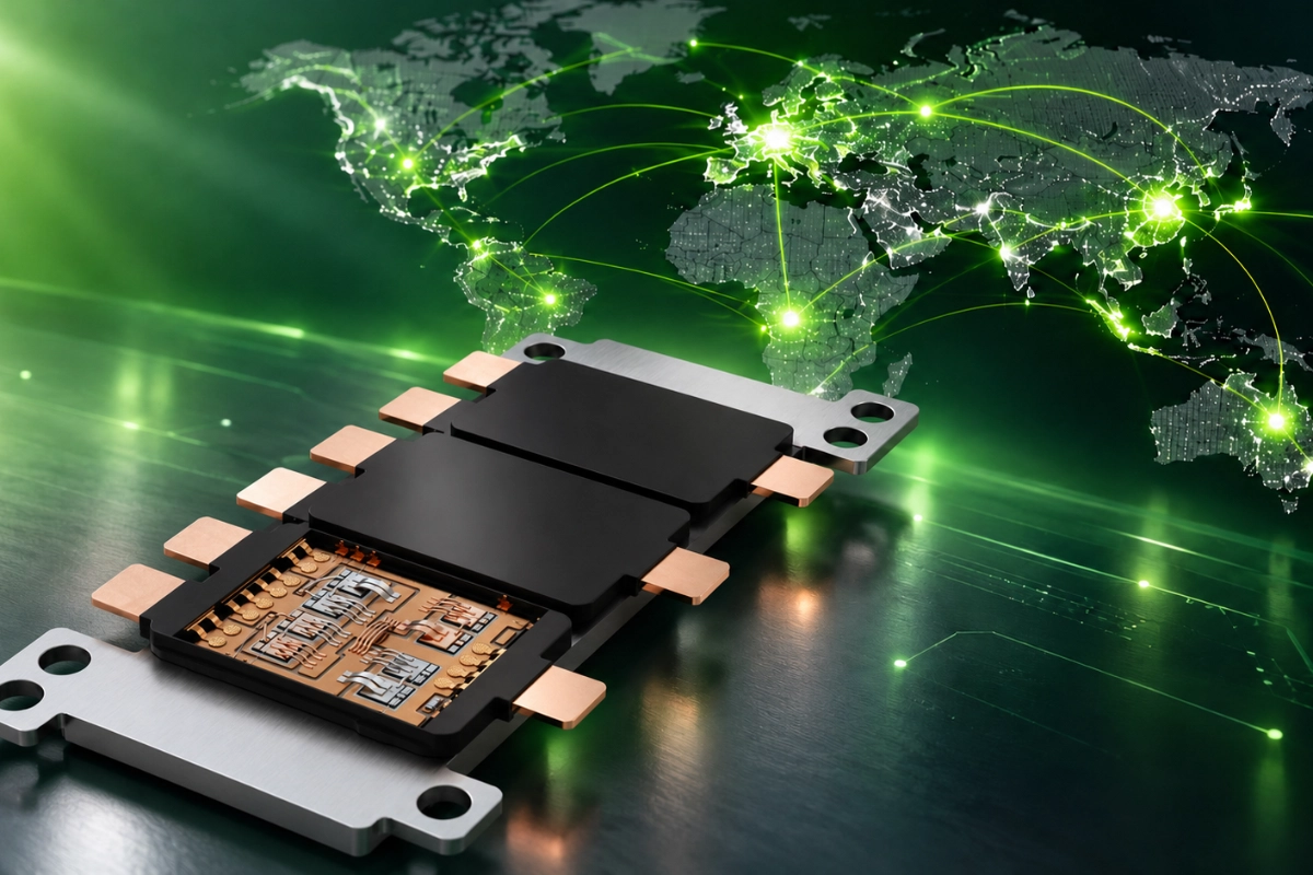 Power module in front of a world map with green lines symbolizing supply chains