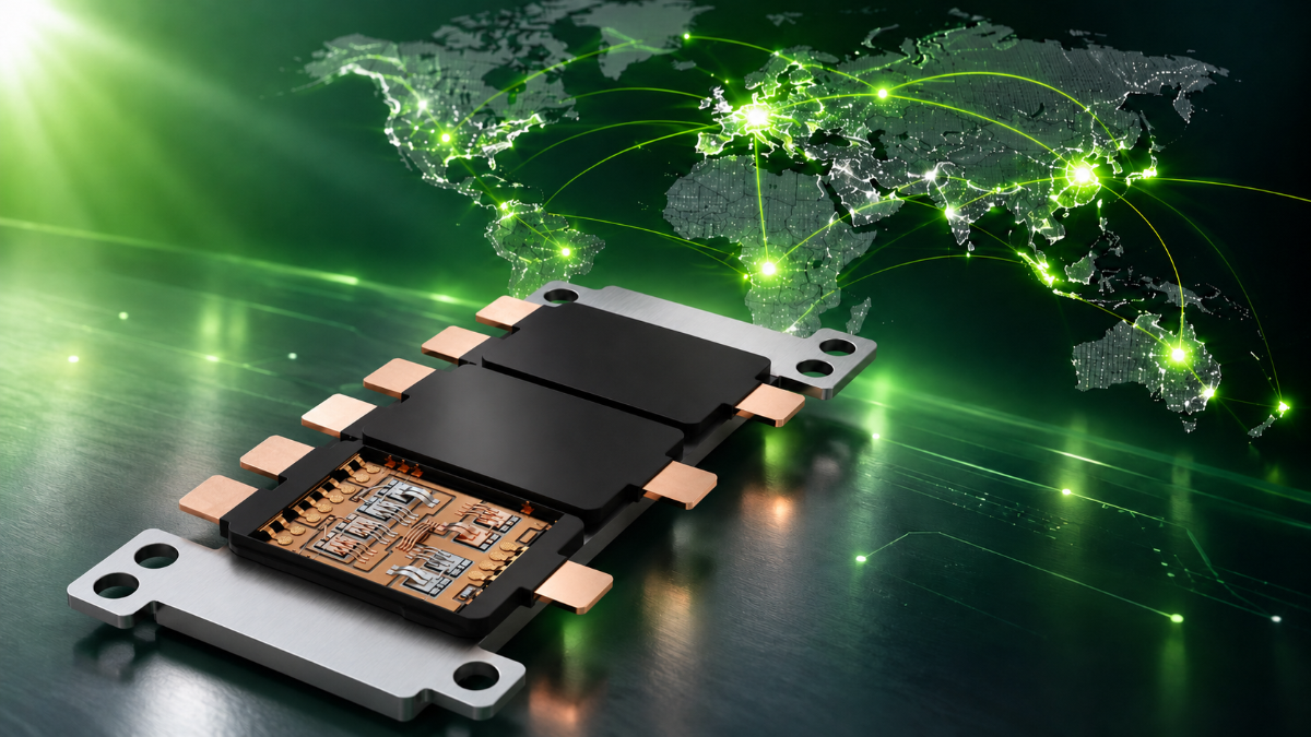 Power Module in front of a world map with green lines symbolizing supply chains